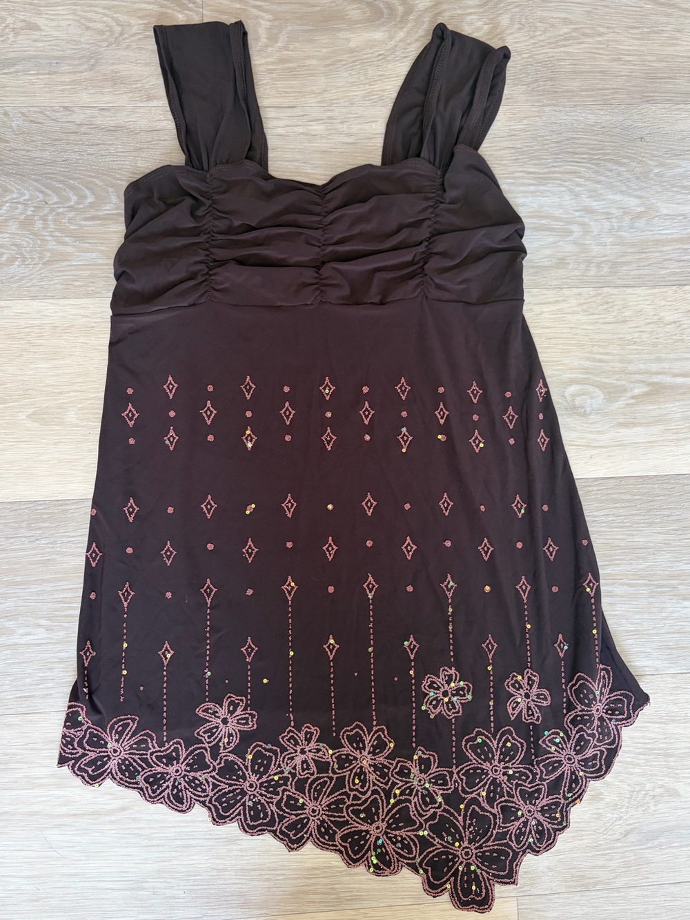 Vintage Reina Y2K Brown Embroidered Sequin Tunic Top Medium